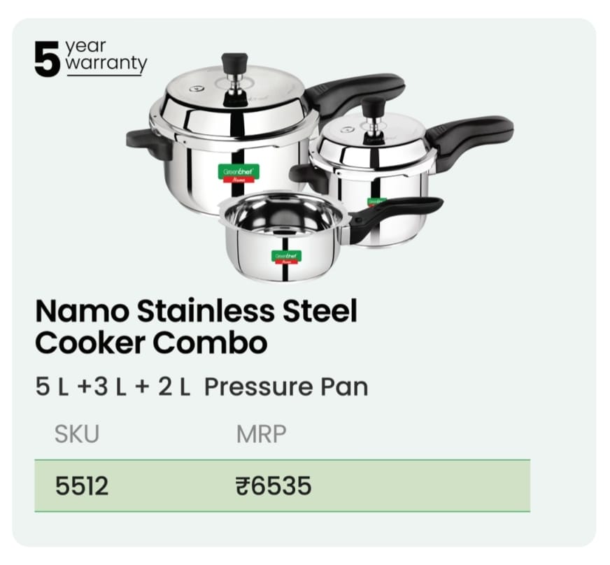 Greenchef Namo Steel Cooker Combo (5+3+2 Ltr)